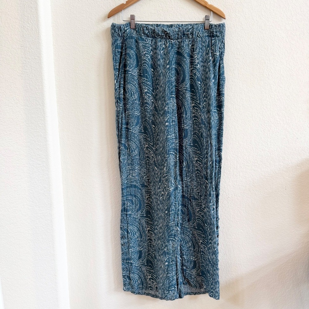 Soft Surroundings‎ Blue White Swirl Print Wide Leg Ramie Rayon Pants Large 2EW35